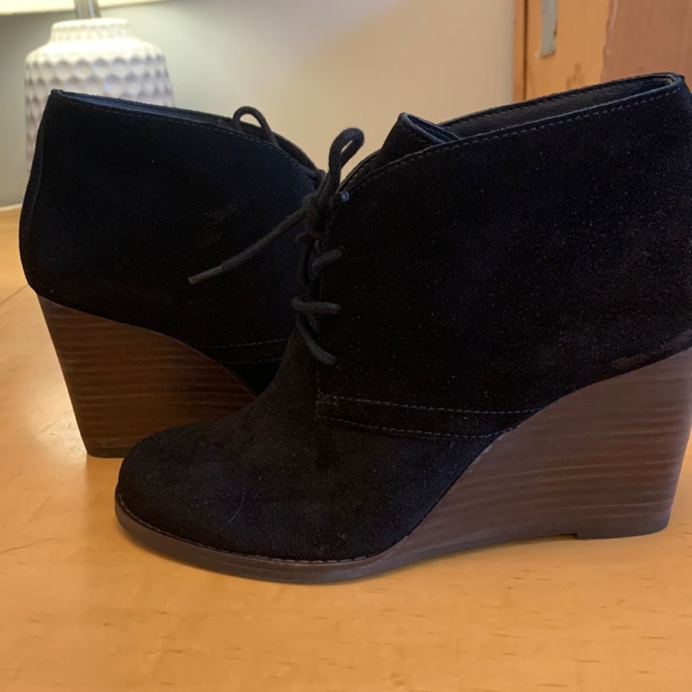Lucky Brand black ankle wedge suede bootie